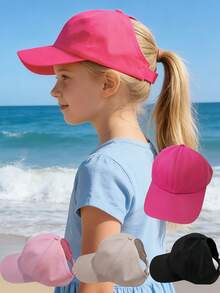 1pc Girls Ponytail-Exposed Baseball Cap - Magenta Breathable Sun Hat Beach Play/Outdoor Trip High Ponytail Cap/Park Outing Ponytail Sunshade - Baseball Cap - View 1