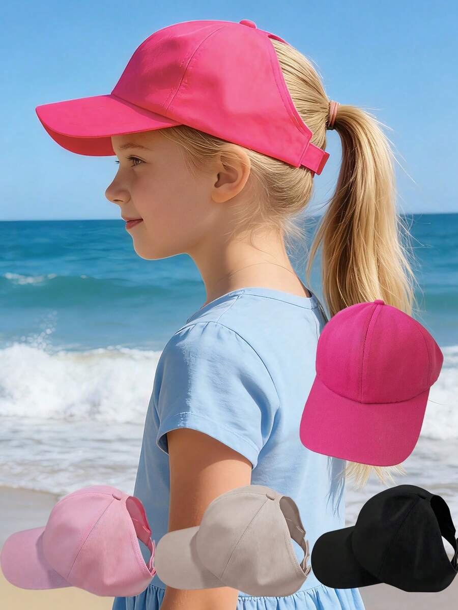 1pc Girls Ponytail-Exposed Baseball Cap - Magenta Breathable Sun Hat Beach Play/Outdoor Trip High Ponytail Cap/Park Outing Ponytail Sunshade - Baseball Cap - View 1