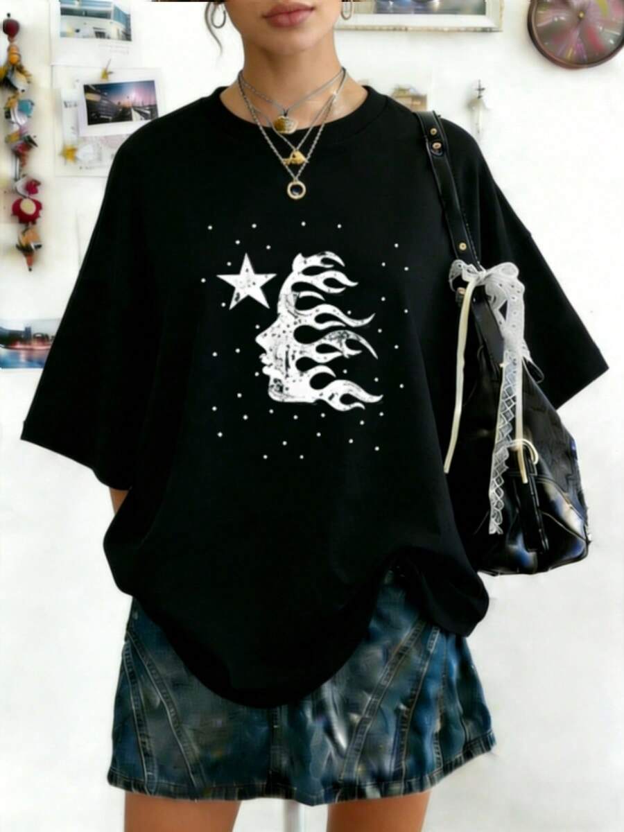 Hellstars Classic Flame Head Star Y2K Graphic T-Shirt,220g 100% Cotton,Round Neck Short Sleeve,Black Streetwear Essential For Summer Going Out,Unisex Style - 黑色 - 查看 1