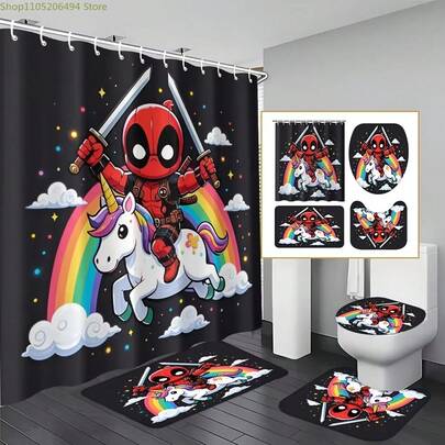 1/4件套精美防水浴帘套装，蜘蛛网图案。复仇者联盟粉丝打造专属浴室的完美之选。可机洗浴室套装，包含马桶盖、浴垫和U型马桶垫。四件套浴室装饰套装。