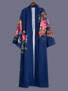 日式玫瑰印花中长款七分袖和服罩衫薄款外套，优雅派对/街头休闲罩衫，沙滩/度假装，轻薄长袍，含腰带，春季款 - 寶藍色 - 查看 3