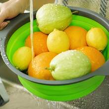 1 Set Round Kitchen Colander Basket, Comes With Foldable Funnel, Plastic Handle, Silicone Material, Suitable For Kitchen. Great For Draining Pasta, Vegetables And Fruits, Multi-Function Fruit & Vegetable Strainer (Green, Red, Blue) - Multicolor - View 5