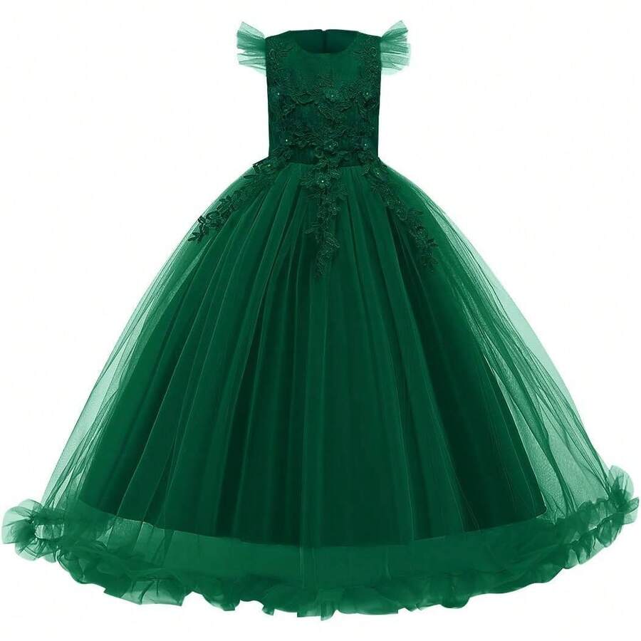 Vintage Lace Party Dress For Girls - Boho Style Maxi Gown For Pageant, Wedding & Celebration - Hijau - View 1