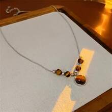 1pc Brown Round Tiger Eye Stone Pendant Necklace, Vintage Versatile Stainless Steel Choker Necklace, Elegant Accessory For Women - Multicolor - View 9