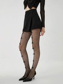 1双蝴蝶结渔网袜，黑色竖条纹，超薄连裤袜，百搭且适合所有人 - 彩色 - 查看 5