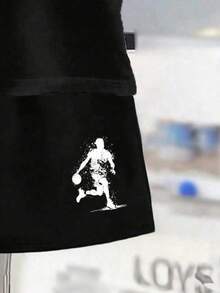 2pcs/Set Young Boy Graphic Print Round Neck Short Sleeve T-Shirt And Shorts Casual Outfit - Black - View 6