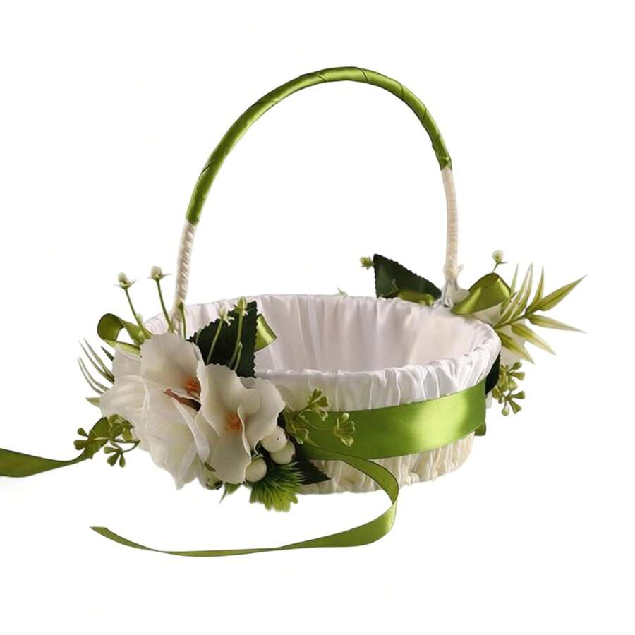 1pc Wooden Hand-Held Satin Flower Basket, Woven Storage Basket, Living Room Decorative Flower Basket, Storage Basket, Bedroom Decorative Flower Basket, Butterfly Ribbon Flower Basket, Suitable For Flower Girls/Bridesmaids, Large Capacity Lightweight Portable Storage Basket, Photography Art Basket, Wedding Flower Girl Basket, Decorative Wooden Flower Basket, Home Flower Basket Ornament, Suitable For Wedding Ceremonies And Table Decorations - 綠色 - 查看 1