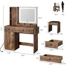 Escritorio de maquillaje modern con espejo y luces LED mesa de vanidad con cajón toma de corriente silla con almacenamiento 3 estantes dormitorio - Marrón - Ver 2