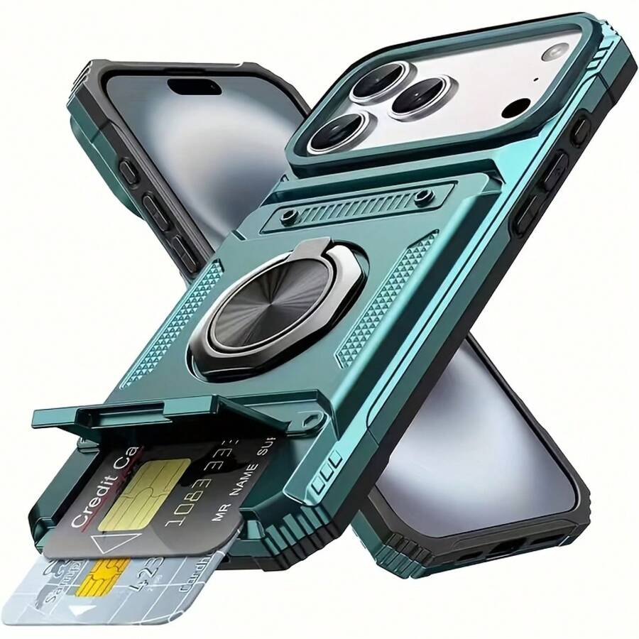 Phone Case - The [Rongjia] Case Is Compatible with Iphone 17, 16, 15, 14, 13 Pro Max, 11, And 7/8 Plus Series, Offering a Sturdy, Shockproof 360-Degree Rotating Metal Stand Case with a Dual Card Slot Design - Grün - Übersicht 1