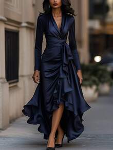 Black Satin Wrap Maxi Dress: Long-Sleeve Ruffled High-Low Gown For Formal Evening Events & Elegant Cocktail Parties - Navy Blue - View 1