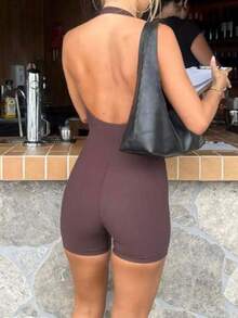 BabeHomee 女士棕色无袖连体裤，适合健身、瑜伽、运动、街头风、约会和休闲穿着，夏季优雅之选。 - 棕色 - 查看 2