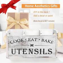 Extra-Large Kitchen Utensil Storage Box With 4 Compartments, White Wooden Kitchen Utensil Organizer, Suitable For Countertops, Rustic Style Cooking Tool Storage. - View 9