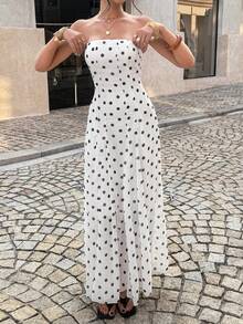 Unadoll 女士春夏优雅无肩带波点收腰喇叭下摆白色长裙复古派对婚礼宾客装扮 - 白色 - 查看 9