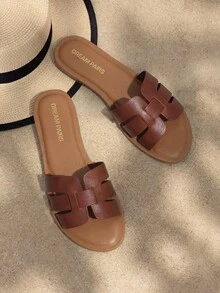Women's Slide Sandals Slip-On Open Toe Strappy Design Flat Sandals Fashion Dress Casual Comfortable Summer Beach Walking Slides Shoes - 巧克力棕 - 查看 1