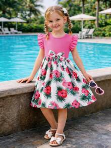 Vestido de verano para niñas, parte superior acanalada rosa pálido, manga corta con parches, base blanca con estampado de hibisco y hoja de palma, vestido de princesa con lazo - Rosa - Ver 2