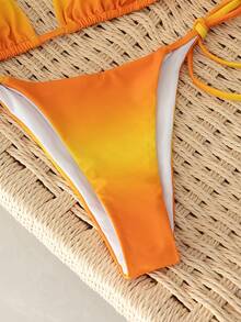 Onefish Women Orange Yellow Gradient Bikini Set Triangle Halter Sliding Cup Bikini Top Adjustable Tie Side Bottom Low Rise High Cut Minimal Coverage Sexy Summer Beach Vacation Swimwear - Orange - View 6