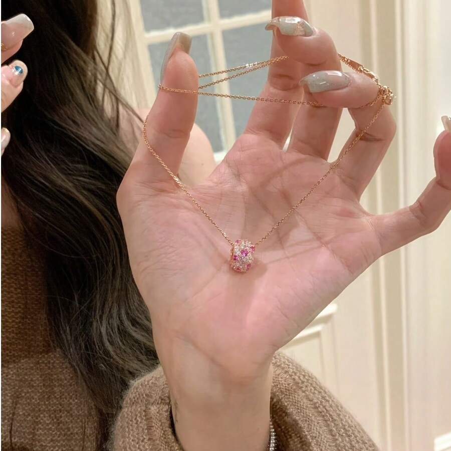 粉钻圆环项链戒指套装，简约奢华精致颈链和戒指，适合日常佩戴，亦可作为礼物。 - 彩色 - 查看 1