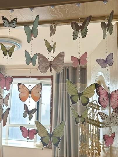 43/35pcs Pearl Butterfly Curtain (Includes 3D Butterflies, Colorful Pearl Chains And Adhesive Hooks), Easy DIY And Hanging, Suitable For Bedroom, Room Windows, Home Decor, Wedding Decoration, Photography Props, Wedding Party Decor And Holiday Gifts