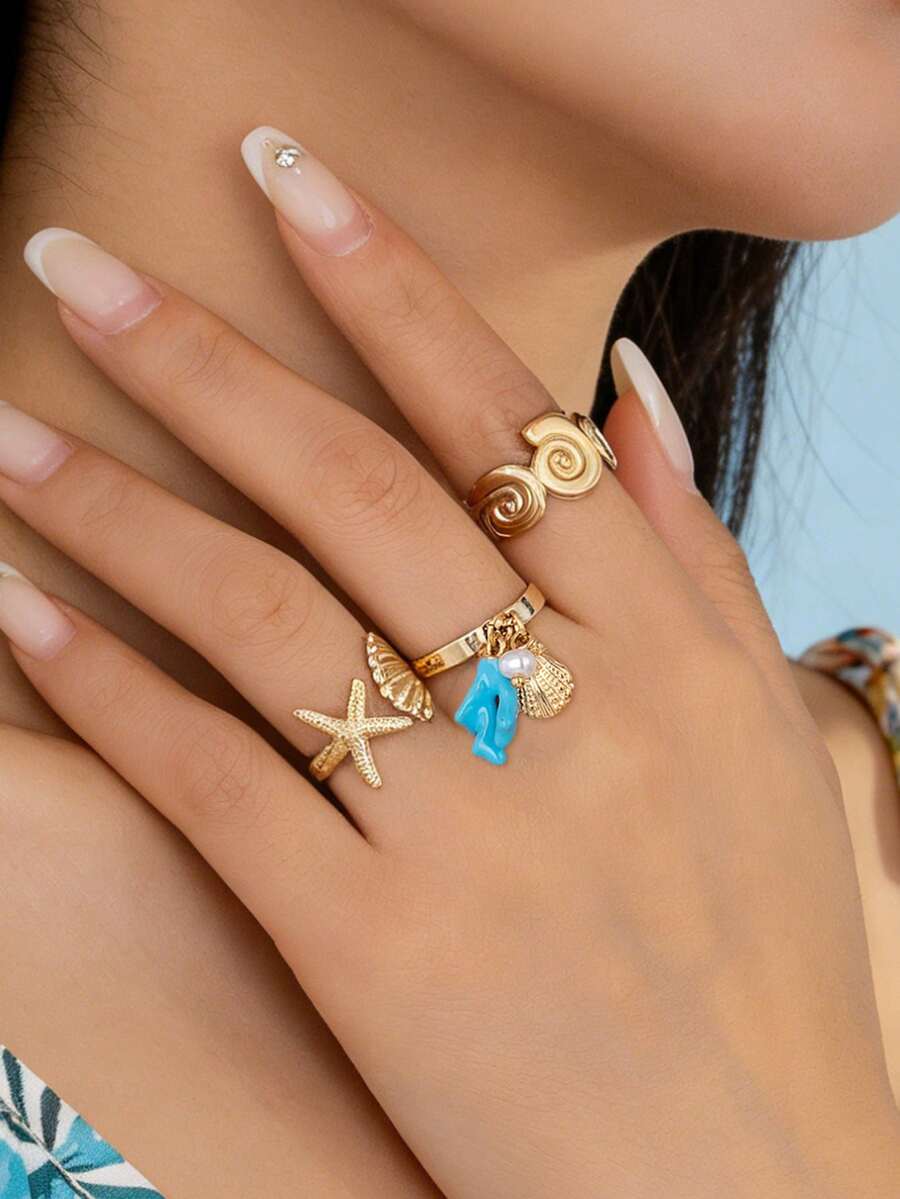 Set de 3 anillos ajustables con colgante de estrella de mar, concha y coral con tema oceánico, joyería decorativa para los dedos con estilo bohemio para vacaciones en la playa - Multicolor - Ver 1