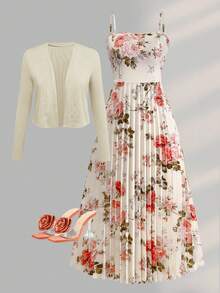 女士优雅印花褶裥腰身连衣裙搭配针织开衫套装，适合约会、情人节、休闲度假等场合。 - 彩色 - 查看 1