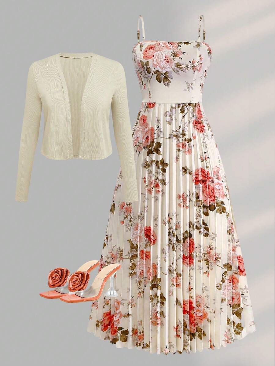 女士优雅印花褶裥腰身连衣裙搭配针织开衫套装，适合约会、情人节、休闲度假等场合。 - 彩色 - 查看 1