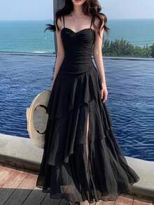 Đầm hai dây xếp ly bất đối xứng thanh lịch, thích hợp cho tiệc tùng, dạ hội, sinh nhật, đám cưới, mùa xuân/hè. Màu đen. - màu đen - Xem 5