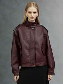 Giolshon Street Rider Style Retro PU Leather Jacket For Women - Fashionable Design Suitable For Spring, Autumn And Winter Fall - Burgundy - View 5