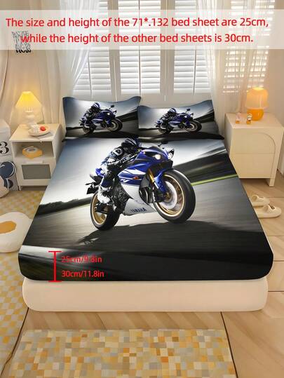 2/3件套家用纺织床单套装，酷炫摩托车图案床上用品套装，采用涤纶材质，数码印花，弹性全包式设计，适用于卧室、宿舍、青少年、节日礼物、送给父母、季节性装饰，含1/2个枕套