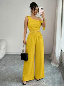 abyoxi 两件套：不对称领口系带腰身休闲上衣和阔腿裤，性感黄色套装，适合通勤、度假、海滩、春夏穿着。 - 黃色 - 查看 9