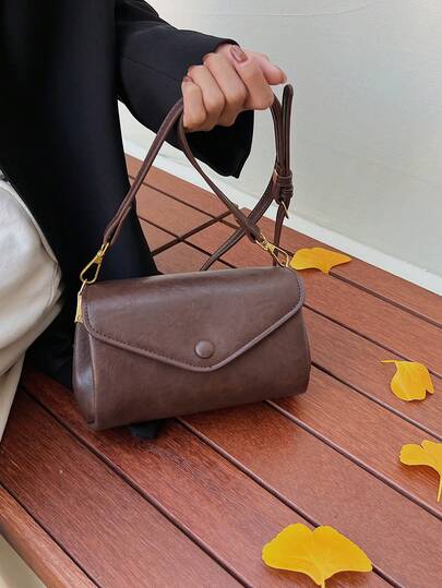 Faux Leather Solid Color Flap Vintage Envelope Bag, Women Fashion Casual Mini Crossbody Bag