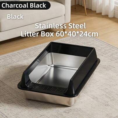 60x40x19cm XL Stainless Steel Cat Litter Box With High Sides & Anti-Tracking Step, Non-Stick & Easy Clean Metal Litter Box For Large Cats & Multi-Cat Households, Odor-Resistant Design Ideal For Home Living Rooms & Pet Areas