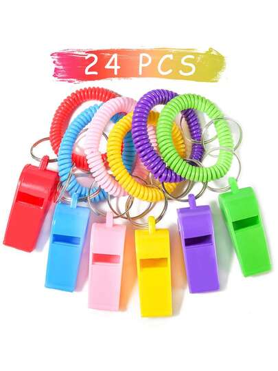24pcs Kids Whistle Bracelet Set, Plastic Sports Party Whistles, Suitable For Festivals, Parties, Birthday Gatherings, Baby Showers, Camping, Theme Parties (Wholesale)