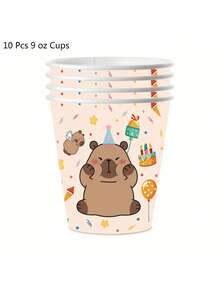 Juego desechable de vajilla con diseño de capibara de dibujos animados - 10 piezas, platos de 7/9 pulgadas, vasos de 9 onzas y servilletas - Multicolor - Ver 5