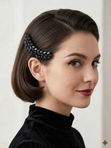 1件优雅黑色锆石闪亮麦穗耳夹，法式复古半丸子头发夹，高贵新娘发饰 - 黑色 - 查看 5