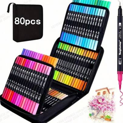 80 Colors Dual-Tip Watercolor Markers - Painting, Sketching And Crafting Color Set, Ideal Christmas Gift | Vibrant Color Palette | Durable Plastic Markers, Watercolor Paints, Drawing Pens, Creative Art, Artistic Expression, Art Design, Smooth Blending, Long-Lasting Color, Fade-Resistant, Art Markers