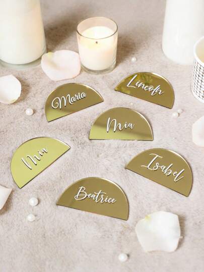 Bộ 5/10/20 thẻ ghi tên/số hình bán nguyệt màu vàng kim loại - Thẻ cong trống để ghi tên/số, thích hợp trang trí bàn tiệc cưới, lễ đính hôn - Tự thiết kế logo hình bán nguyệt, thích hợp trang trí trung tâm, tiệc tùng và sự kiện.