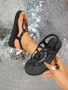 Women's Fashion Rhinestone Embellished Flat Casual Slippers, Suitable For Beach, Travel, Daily Wear, Summer - Black - View 1