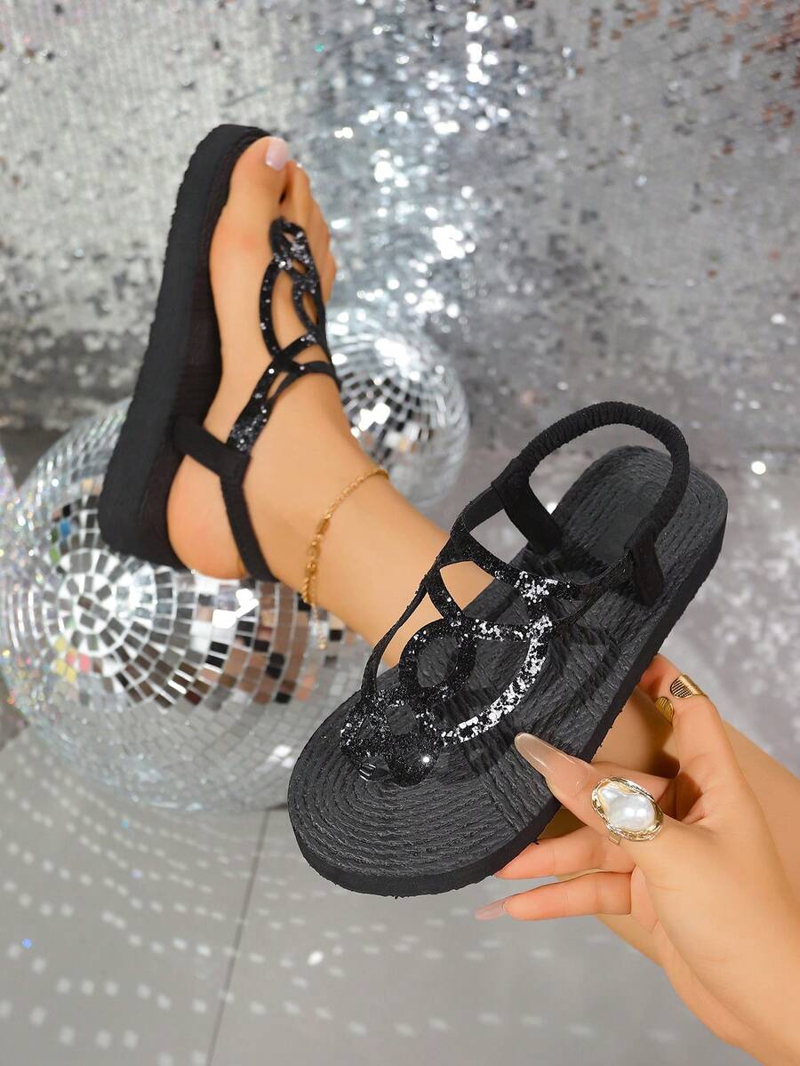 Women's Fashion Rhinestone Embellished Flat Casual Slippers, Suitable For Beach, Travel, Daily Wear, Summer - Black - View 1