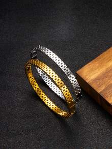 1 pieza Brazalete de acero inoxidable con baño de oro de 18K y diseño geométrico, joyería minimalista unisex resistente al agua y a la oxidación, en colores dorado y plateado - Pulsera en forma de huevo cuadrado pequeño - Ver 6