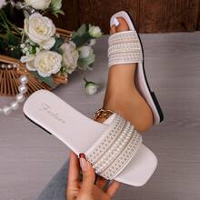 New Women's Pearl Embellished Square Toe Comfortable Lightweight Slide Sandals - Beige - View 10