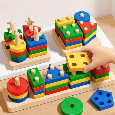 Wood Stacking Blocks Toy - Colorful Stacked Columns With Shape Sorting, Learning Tower For Shape Recognition & Motor Skills, Educational Building Blocks