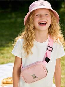 2件套儿童A-Z字母水钻渔夫帽和腰包 - 粉色时尚2件套，女孩户外/街头休闲装 - 粉色 - 查看 3