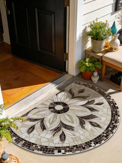 1 件复古半圆形玄关地垫，几何图案地毯，适用于家居门厅、走廊、门廊、浴室、厨房、卧室，美式奢华亚麻质感面料，可水洗，易于打理