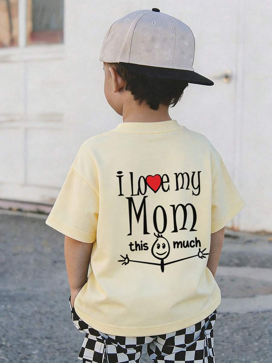 Young Boy "MY Love Mom" Letter Print T-Shirt, Soft And Comfortable Fabric, Suitable For Boys Outdoor Sports, Casual Wear, Street Style, Campus Style, Fashionable Boys Spring/Summer Casual Versatile Top - Apricot - View 1