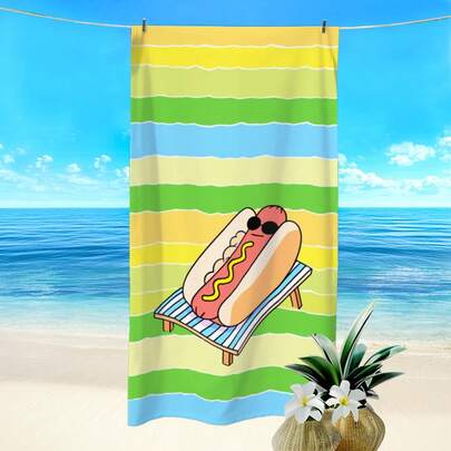 1pc Ombre Striped Funny Hot Dog & Bread Print Beach Towel, Super Absorbent Quick Dry Towel For Swimming, Soft Beach Blanket, Suitable For Beach, Swimming, Outdoor, Travel, Ideal Beach Essential
