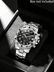 3PCS Luxury Business Men's Watch Set, A Men's Watch Gift Combination, Includes A Multifunctional Men's Luxury Watch, A Geometric Silver Necklace, And An Embossed Leather Wallet. The Silver And Black Contrast With Roman Numerals, Presenting A Strong And Stylish Elite Look. - Silver - View 3