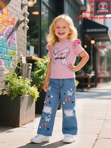 少女休闲蝴蝶印花T恤+仿印花长裤，日常休闲穿搭，适合春夏户外穿着 - 淺粉色 - 查看 11