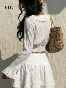Women's Solid Color V-Neck Ruffle Splice Casual Commuter Long Sleeve Top - Cream - View 2