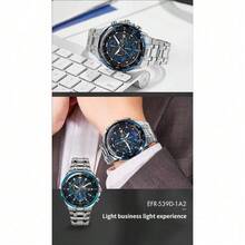 Casio 卡西欧 EDIFICE 蓝色表圈三眼计时石英表，100米防水，不锈钢表带，男士商务运动腕表 - 均碼 - 查看 7