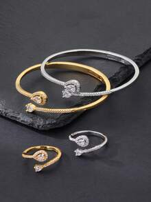 2件套时尚简约奢华闪亮立方氧化锆双水滴开口手镯戒指套装，适合日常、派对、婚礼、春季、开斋节等场合佩戴。 - 閃耀雙水滴鋯 - 查看 4